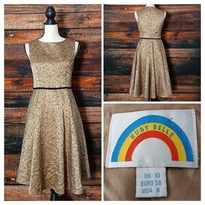 Ruby Belle Dress 6 Vintage Fit & Flare Gold Satin Embroidered